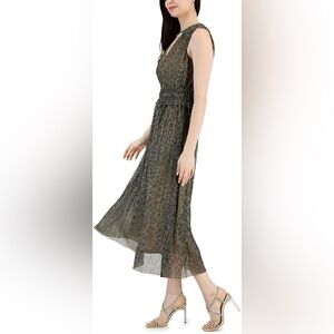 Taylor Women's Metallic V-Neck Fit & Flare Midi Dress Black & Silver Size 2 NWT